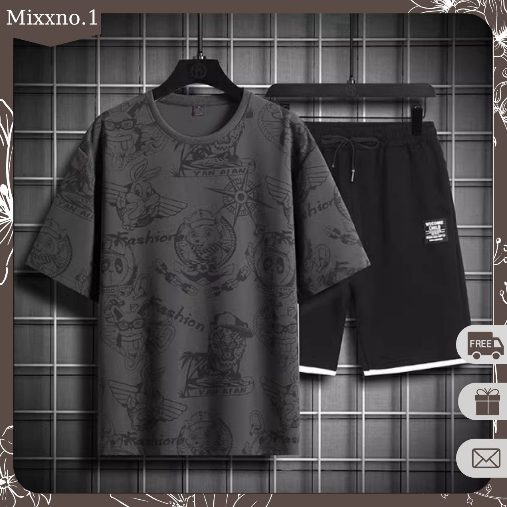 Bộ Đồ Nam Mùa Hè Áo Thun Tay Ngắn Hoa Tiết Hoạt Hình Thú Kèm Quần Short Thể Thao Thời Trang Mixxno.1 TOP 276 + SHORT 057