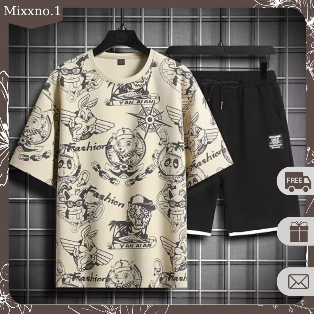 Bộ Đồ Nam Mùa Hè Áo Thun Tay Ngắn Hoa Tiết Hoạt Hình Thú Kèm Quần Short Thể Thao Thời Trang Mixxno.1 TOP 276 + SHORT 057