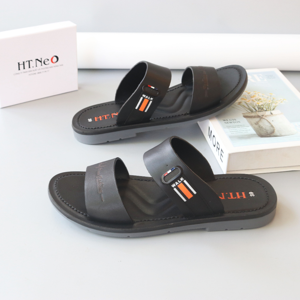 Dép Nam - Dép Da Nam Quai Ngang HT.NEO Da Bò Thật, Được Khâu May Chắc Chắc ,Thiết Kế Basic ,Trẻ Trung , Lịch Sự SD35