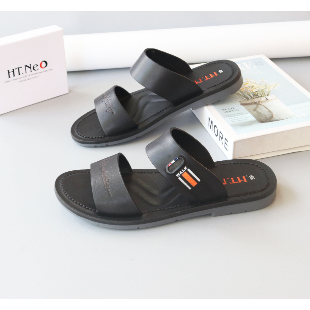 Dép Nam - Dép Da Nam Quai Ngang HT.NEO Da Bò Thật, Được Khâu May Chắc Chắc ,Thiết Kế Basic ,Trẻ Trung , Lịch Sự SD35