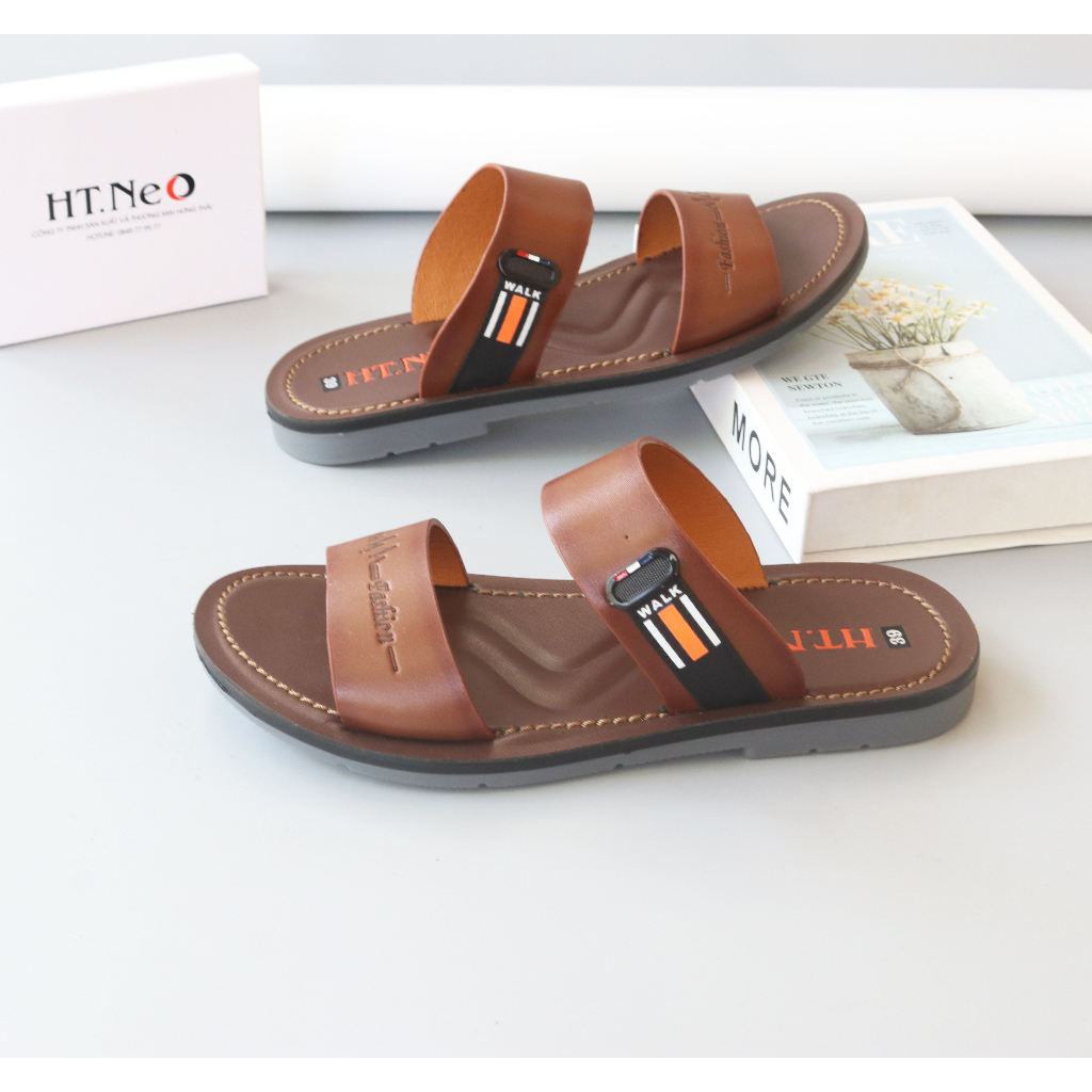 Dép Nam - Dép Da Nam Quai Ngang HT.NEO Da Bò Thật, Được Khâu May Chắc Chắc ,Thiết Kế Basic ,Trẻ Trung , Lịch Sự SD35