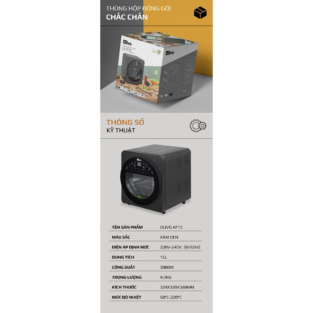 Nồi Chiên Không Dầu OLIVO AF15 - 16 Chức Năng - Dung Tích 15L - Công Suất 2000W