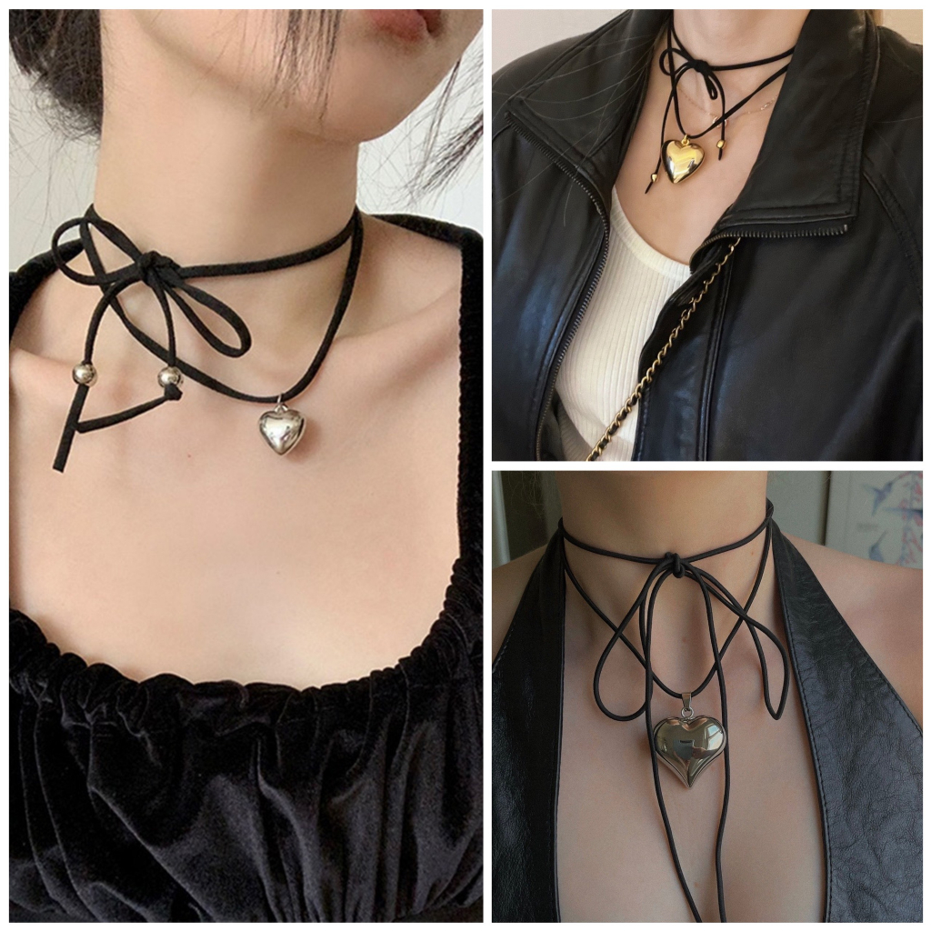 Dc06 | Vòng Cổ Choker Hình Trái Tim Màu Bạc Cột Dây Phong Cách Y2k La Perbra