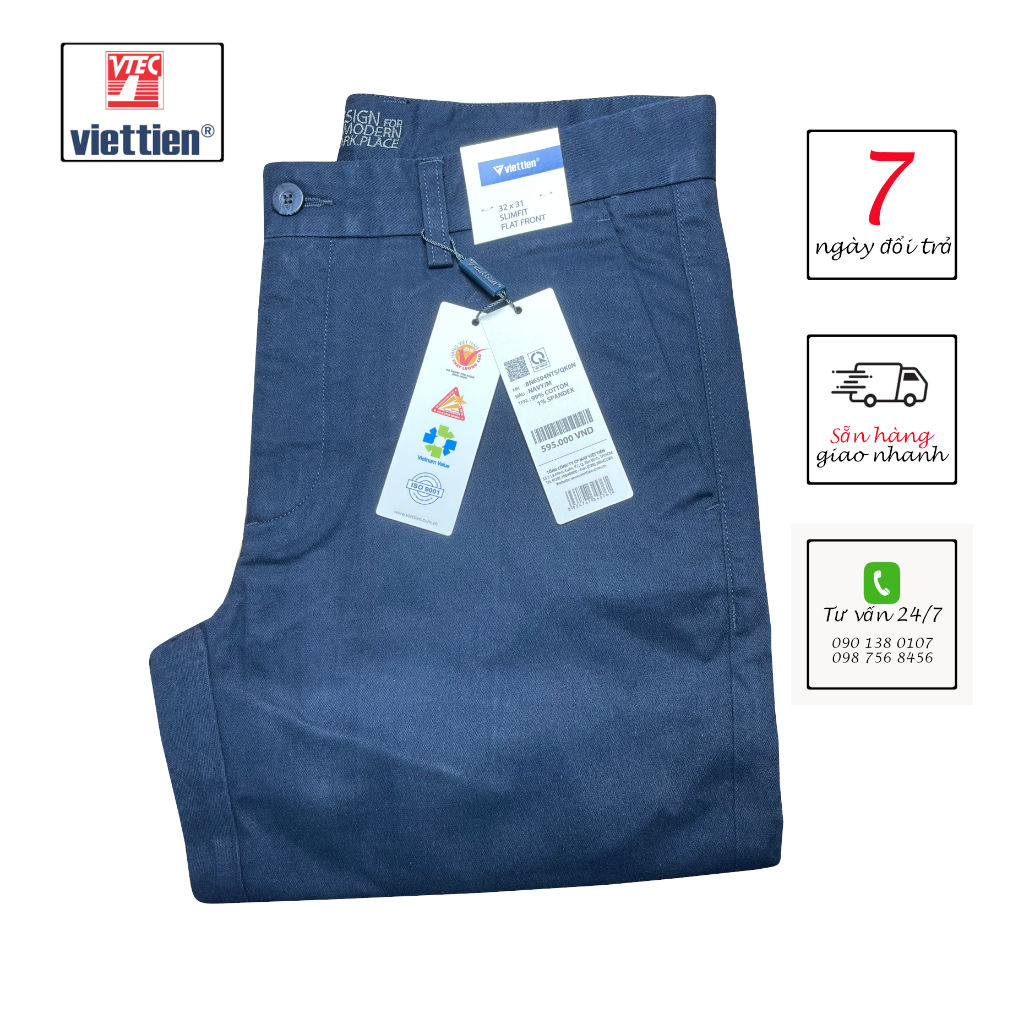 VIETTIEN - QUẦN KAKI NAM 8N6504, 99% COTTON, 1% SPANDEX, MÀU XANH NAVY
