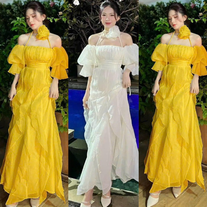 Đầm Maxi Dạo Biển Tơ Lụa Tay Rớt Vai 2 Tầng Phối Hoa Cổ Cao Cấp Thời (Có Mút) Trang Nữ Sam Closet Free Size 40-55kg