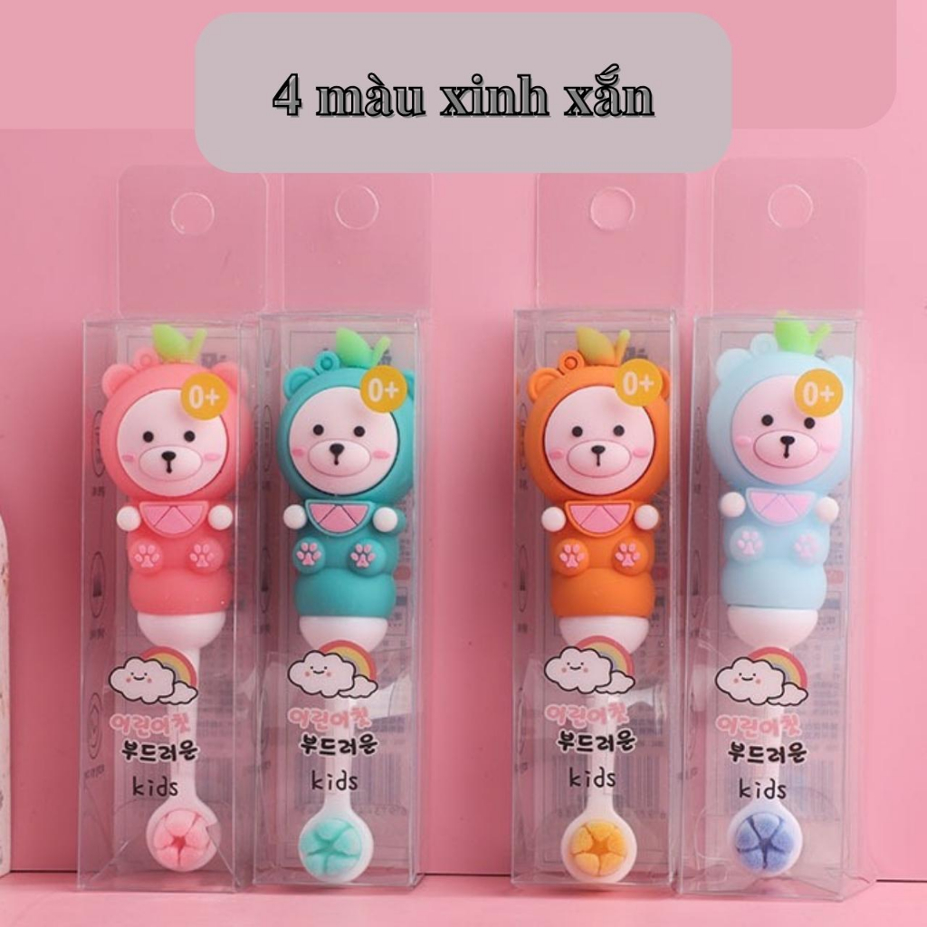 Bàn chải đánh răng cho bé từ 0 đến 6 tuổi lông tơ mềm mịn hình gấu dê thương bảo vệ nướu cho bé tập đánh răng