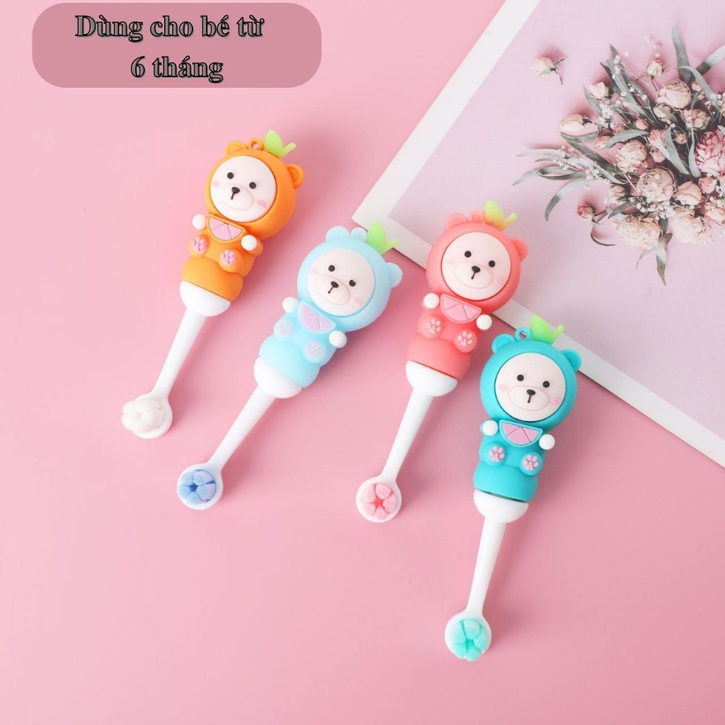 Bàn chải đánh răng cho bé từ 0 đến 6 tuổi lông tơ mềm mịn hình gấu dê thương bảo vệ nướu cho bé tập đánh răng