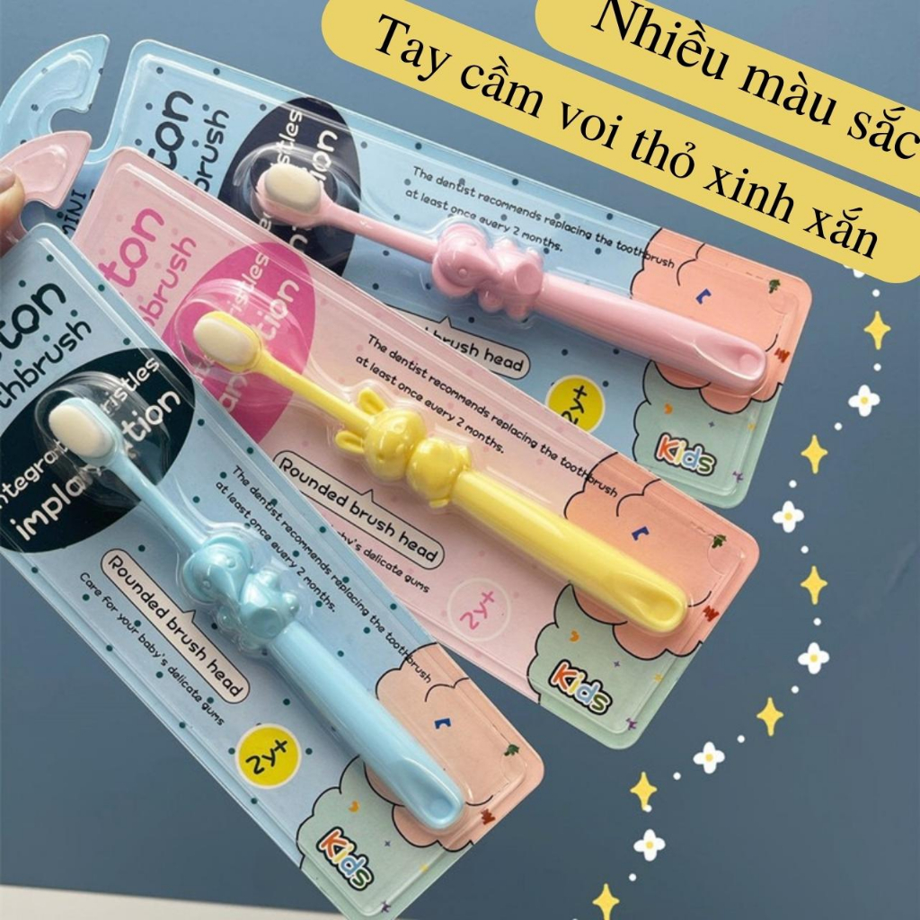 Bàn chải đánh răng cho bé từ 2 đến 12 lông tơ mềm mịn đánh êm ái không đau nướu hình voi thỏ dễ thương cho bé thích thú