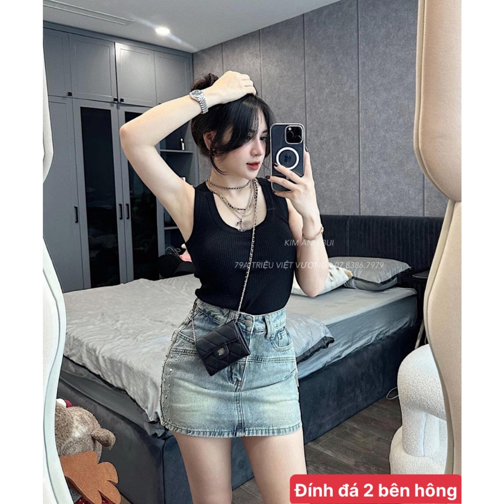 Chân váy mini denim jeans đính đá QCL1 LuciK Shop CV0015