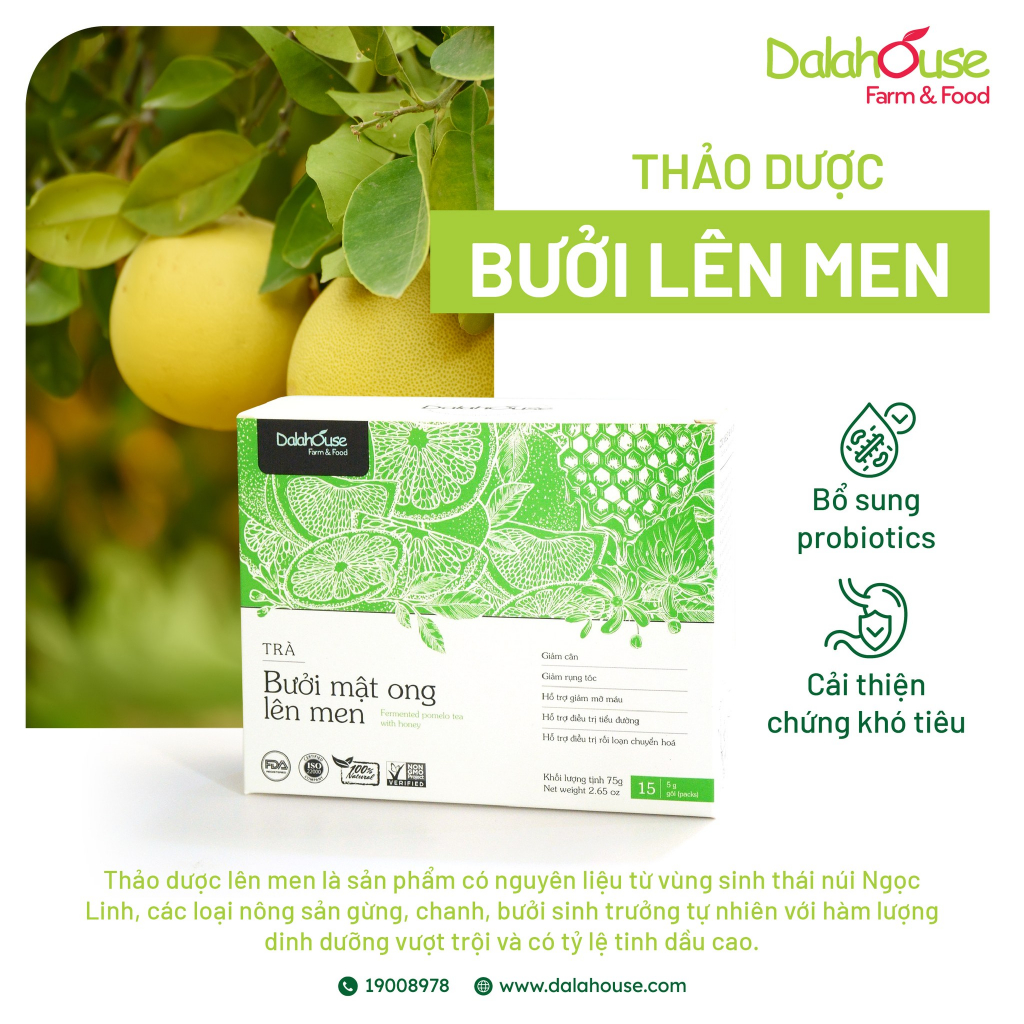 Trà Thảo Dược - Trà Bưởi Mật Ong Lên Men - Giảm Rụng Tóc, Giảm Cân- Ngăn Ngừa Táo Bón - Hộp 75g