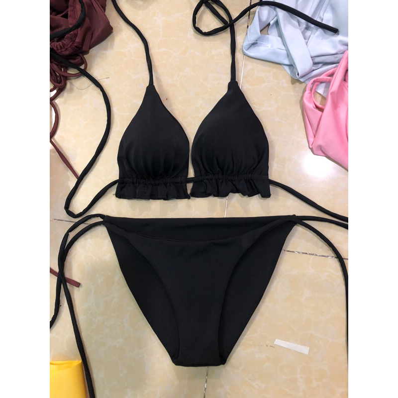 Bikni Đồ Bơi Nữ 2 Mảnh Hồng Áo bèo rút dây  video+ hình thật