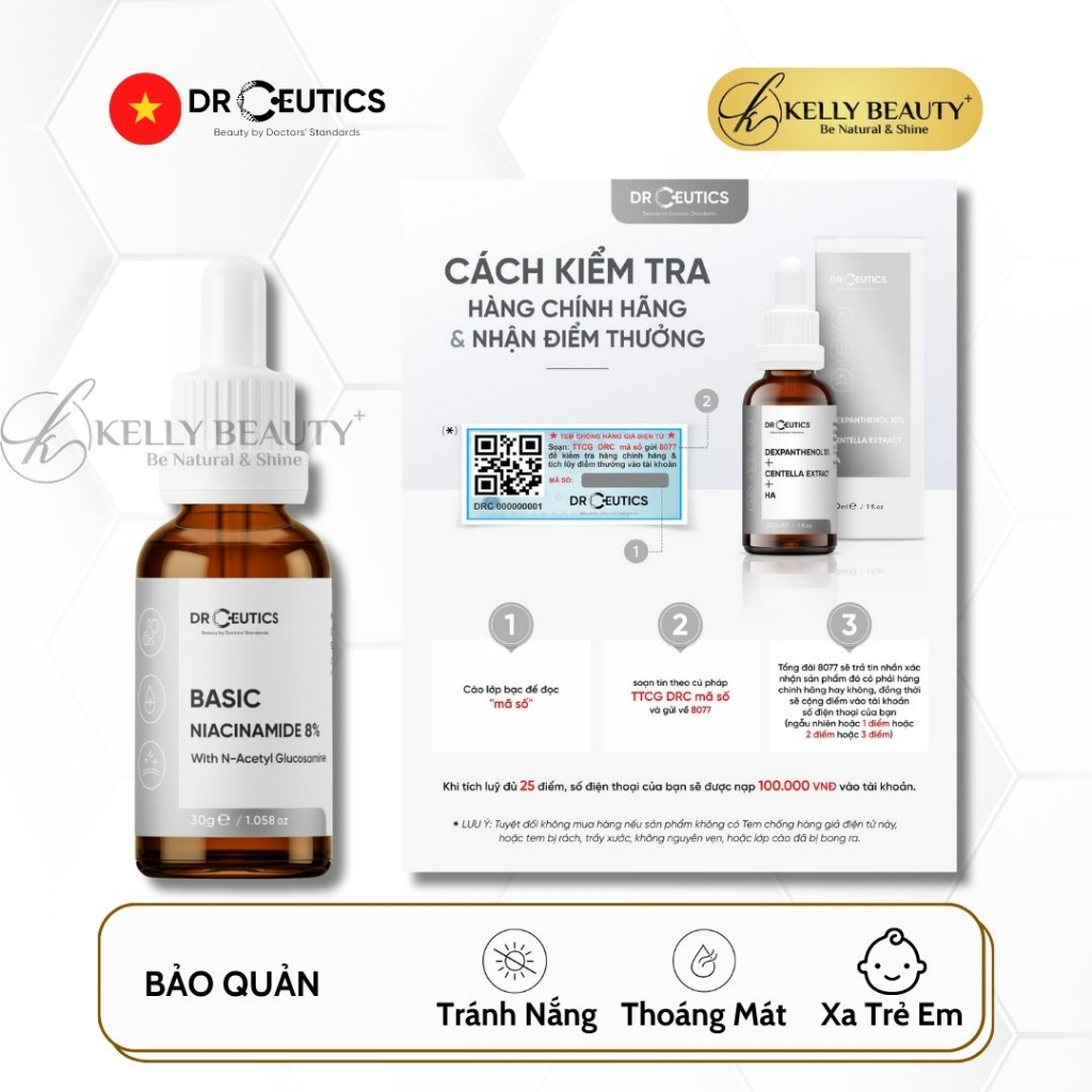 Serum Vitamin B3 8% DrCeutics - Làm Sáng Da, Cân Bằng Dầu & Se LCL - Niacinamide 8% + NAG + Kẽm PCA | Kelly Beauty