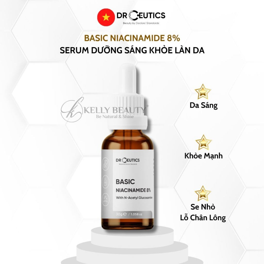 Serum Vitamin B3 8% DrCeutics - Làm Sáng Da, Cân Bằng Dầu & Se LCL - Niacinamide 8% + NAG + Kẽm PCA | Kelly Beauty