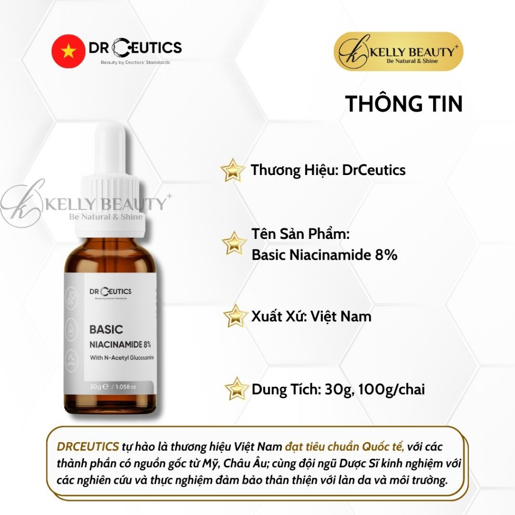 Serum Vitamin B3 8% DrCeutics - Làm Sáng Da, Cân Bằng Dầu & Se LCL - Niacinamide 8% + NAG + Kẽm PCA | Kelly Beauty