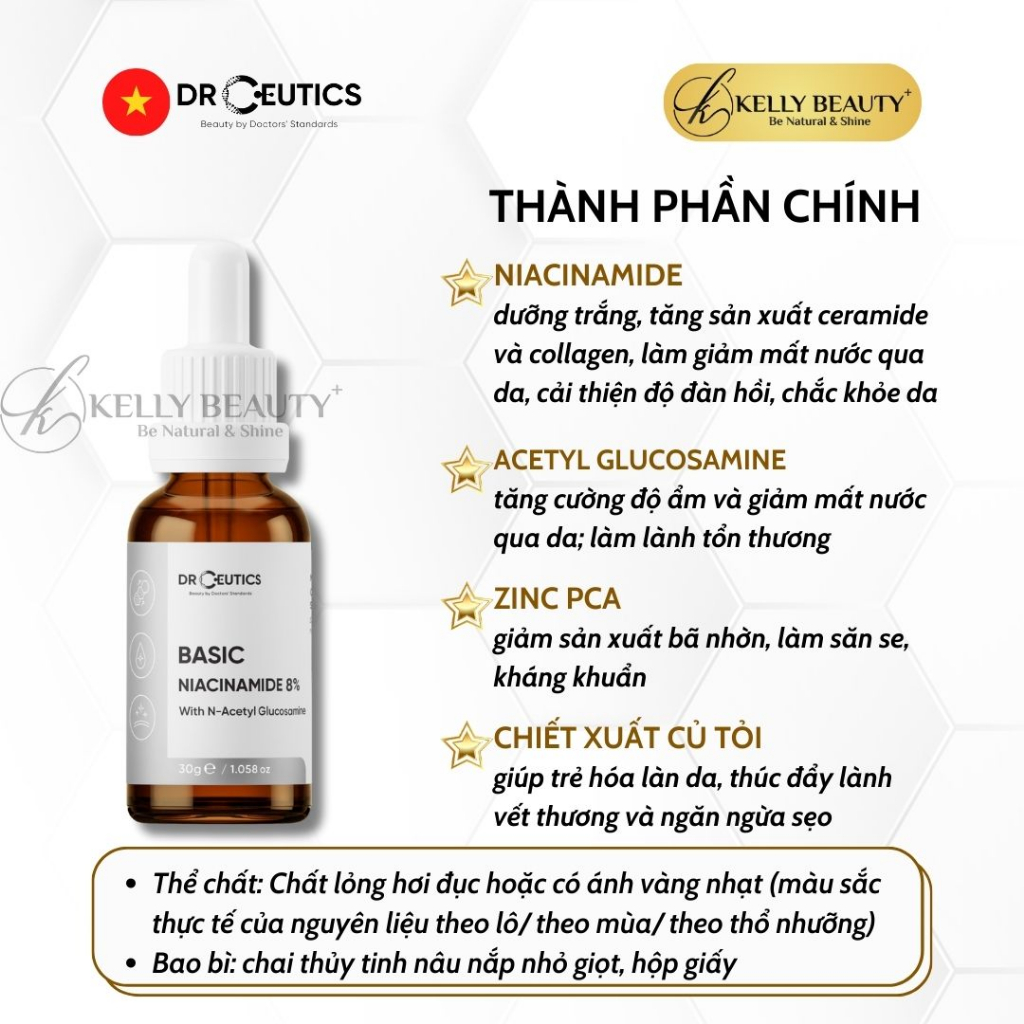 Serum Vitamin B3 8% DrCeutics - Làm Sáng Da, Cân Bằng Dầu & Se LCL - Niacinamide 8% + NAG + Kẽm PCA | Kelly Beauty