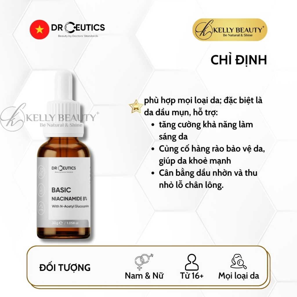 Serum Vitamin B3 8% DrCeutics - Làm Sáng Da, Cân Bằng Dầu & Se LCL - Niacinamide 8% + NAG + Kẽm PCA | Kelly Beauty