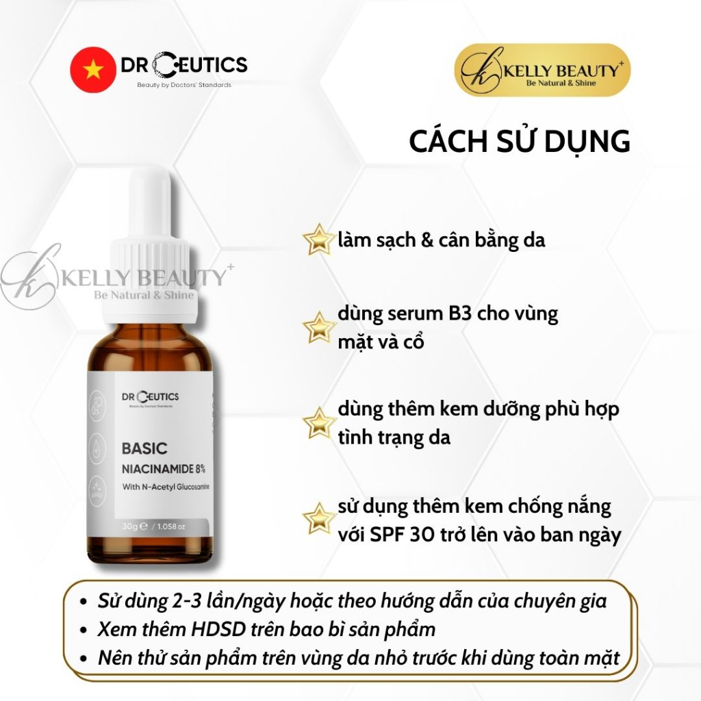 Serum Vitamin B3 8% DrCeutics - Làm Sáng Da, Cân Bằng Dầu & Se LCL - Niacinamide 8% + NAG + Kẽm PCA | Kelly Beauty