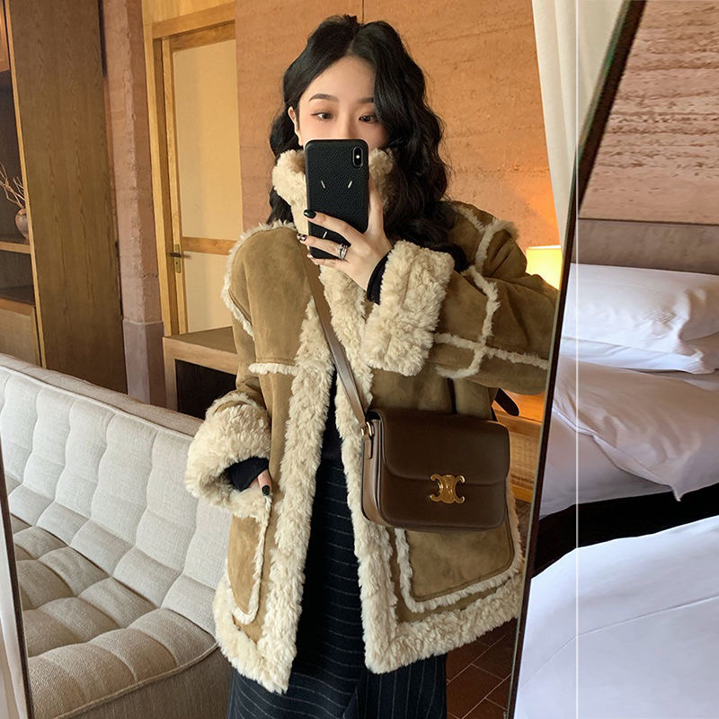 ( Sẵn 1 áo size s) Áo khoác da lộn lót lông màu nâu,áo khoác màu đông da lộn