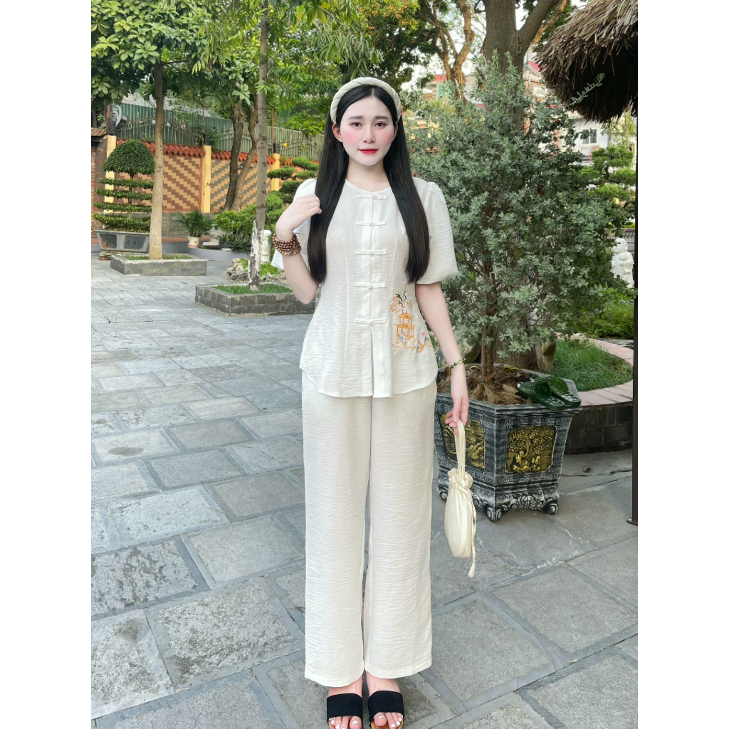 Bộ đi chùa cao cấp thêu hạc vải đũi vân mây