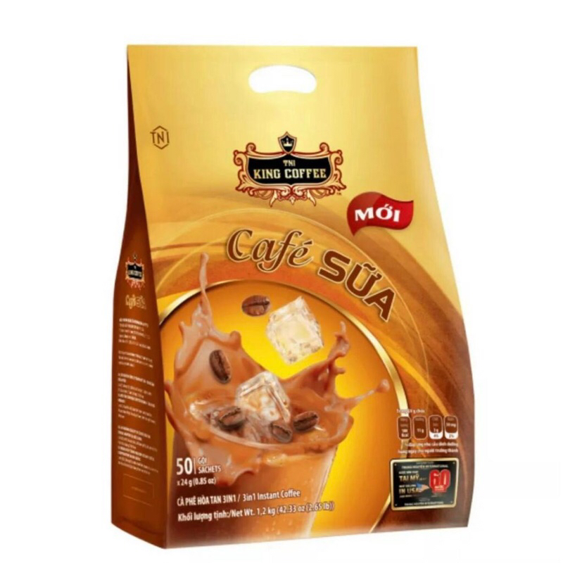 cà phê sữa hòa tan 3in1 king Coffee ( bịch 50g x 24g)(mua 1bich tặng 1 lon trà vải hoặc đào sả.)