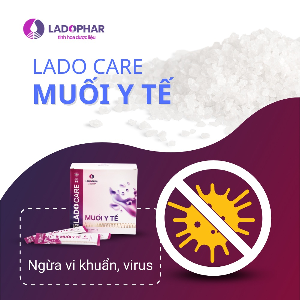 Muối y tế Lado Care pha vệ sinh mũi họng, súc miệng, rửa vết thương, an toàn cho gia đình [Ladophar, Natri Clorid]