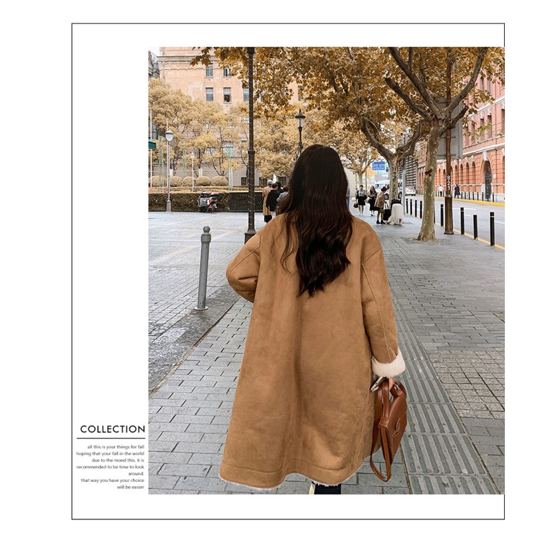 Áo khoác da lộn lót lông dáng dài màu nâu phong cách Hàn quốc