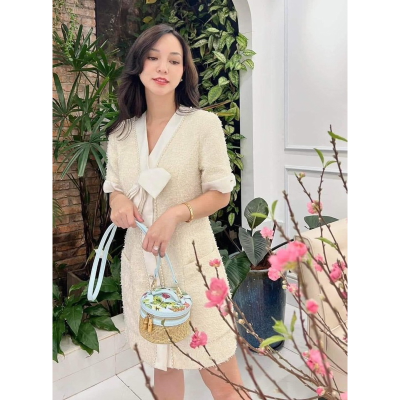 Túi trống cói hàng Gift estee hoạ tiết hoa lá siêu xinh- ORD