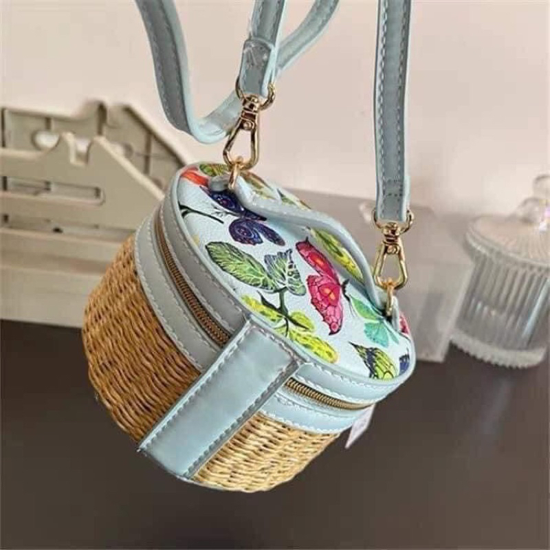 Túi trống cói hàng Gift estee hoạ tiết hoa lá siêu xinh- ORD