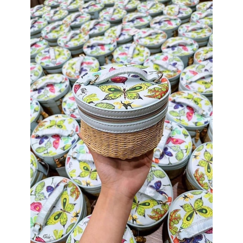 Túi trống cói hàng Gift estee hoạ tiết hoa lá siêu xinh- ORD