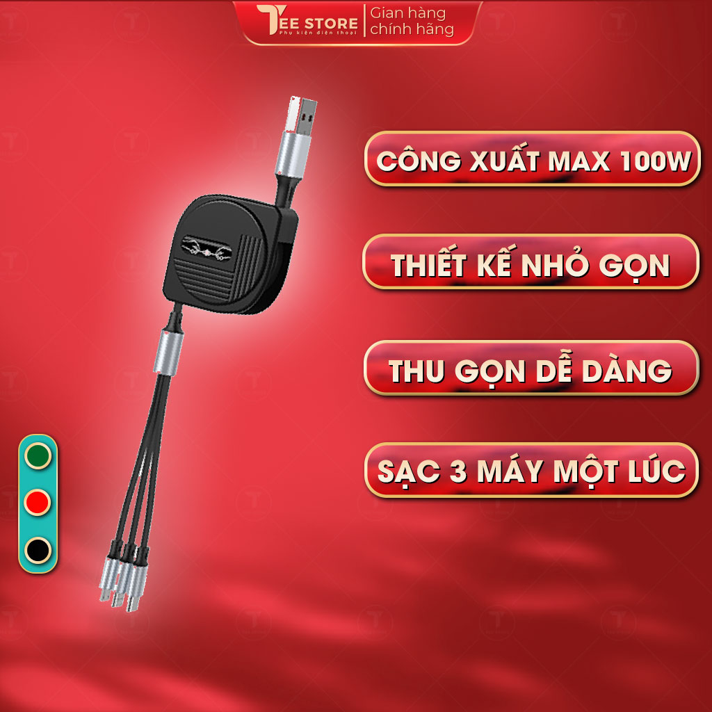 Dây sạc 3 đầu sạc nhanh 100w thu gọn dài 1 mét cho điện thoại - DSN3DRG