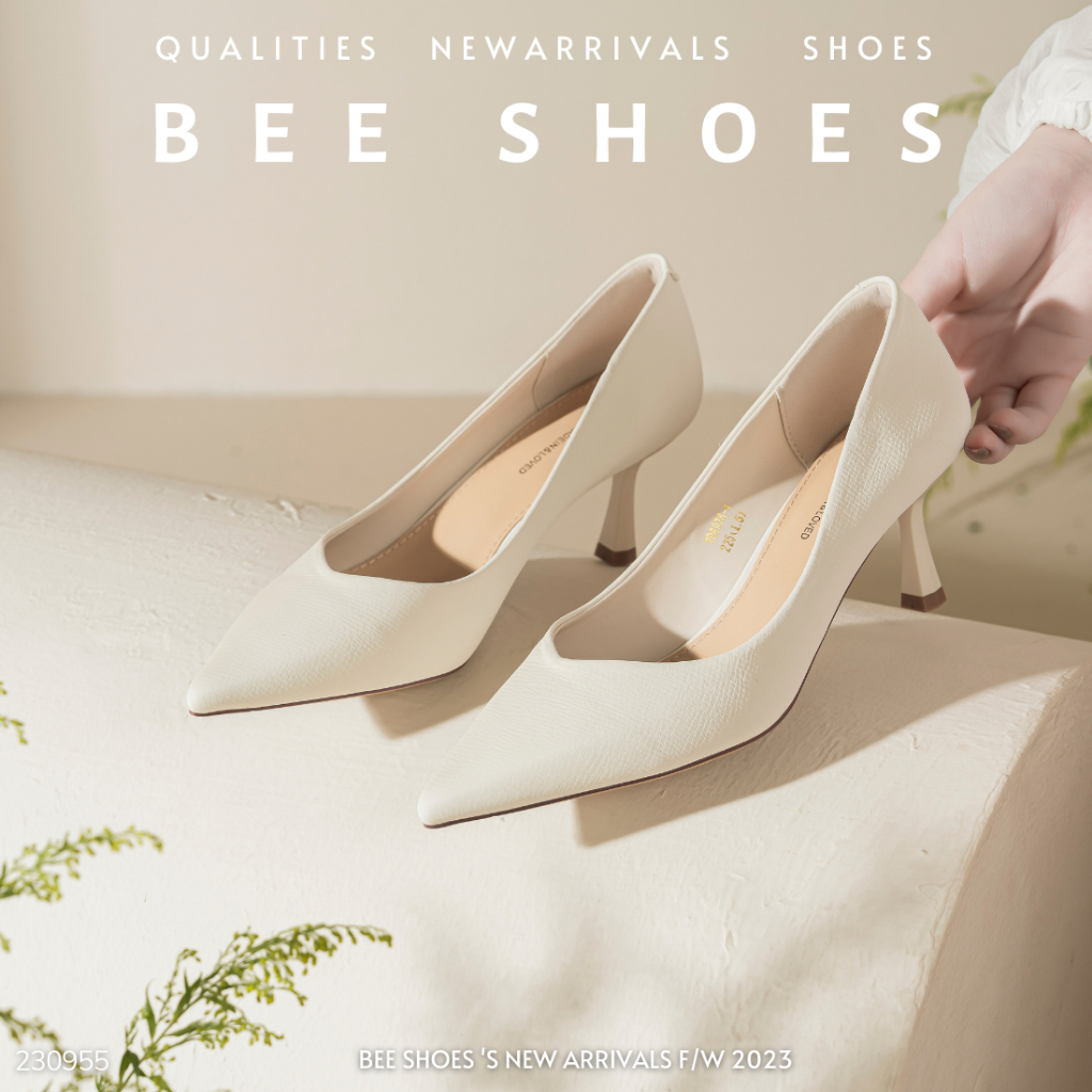 BEESHOES - GIÀY CAO GÓT NỮ MŨI NHỌN - GIÀY CAO GÓT NỮ GÓT NHỌN CAO 7 PHÂN SẴN MÀU KEM - ĐEN 230955 (FORM 1.5)