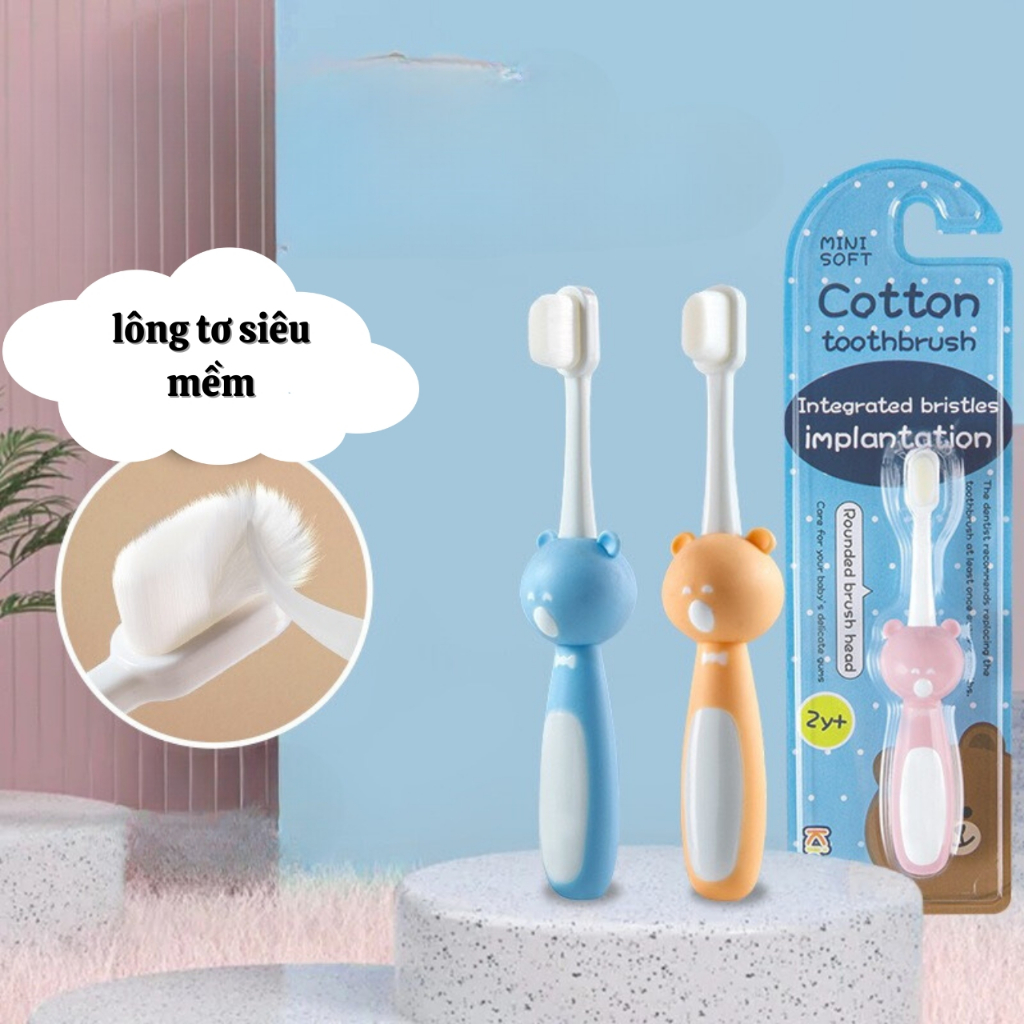 Bàn chải đánh răng cho bé từ 2 đến 10 tuổi lông tơ mềm mịn tay cầm hình gấu dễ thương cho bé thích thú đánh răng
