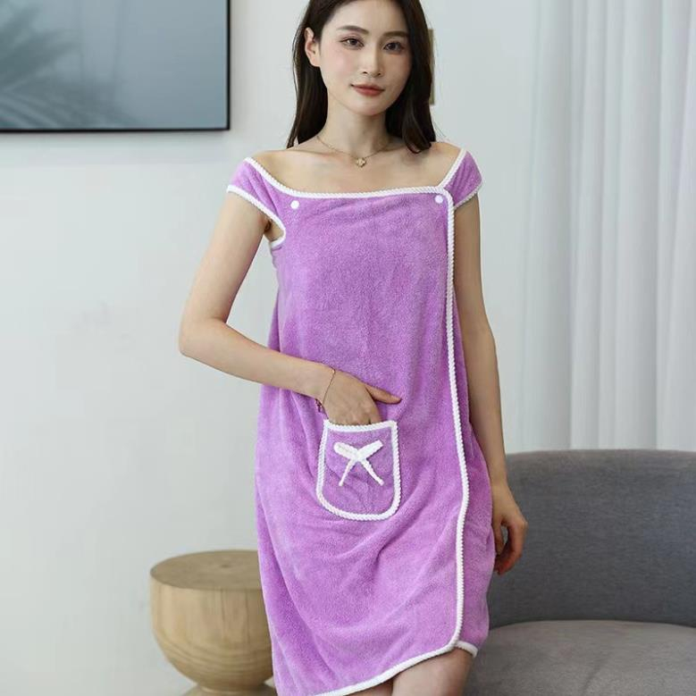 Khăn Tắm Choàng Dạng Váy Có Túi Bằng Vải Cotton Dày Dặn Mềm Mịn Siêu Thấm Hút
