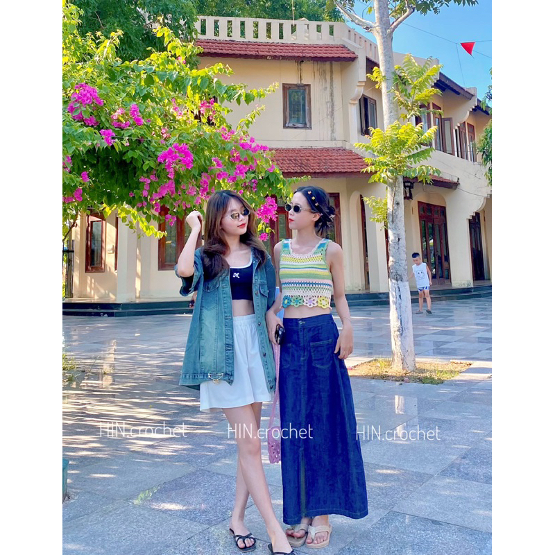 HIN crochet -Áo croptop len đan móc thủ công hoạ tiết ghép hoa