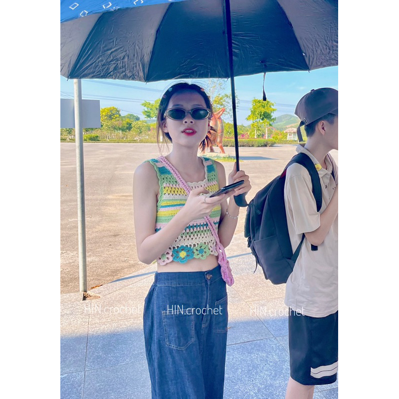 HIN crochet -Áo croptop len đan móc thủ công hoạ tiết ghép hoa