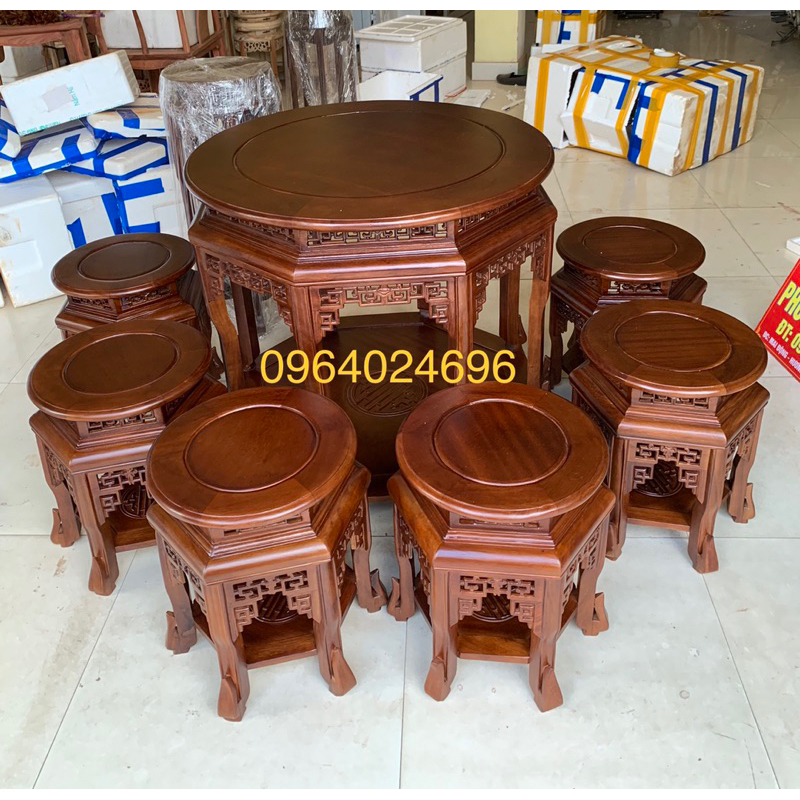 bộ bàn ghế lục lăng mặt tròn gỗ gõ