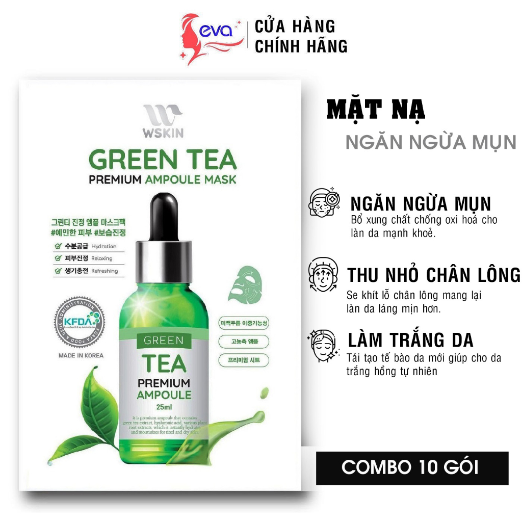 10 Mặt nạ giấy Trà xanh ngừa mụn trắng da Wskin Green Tea Ampoule Mask 25g