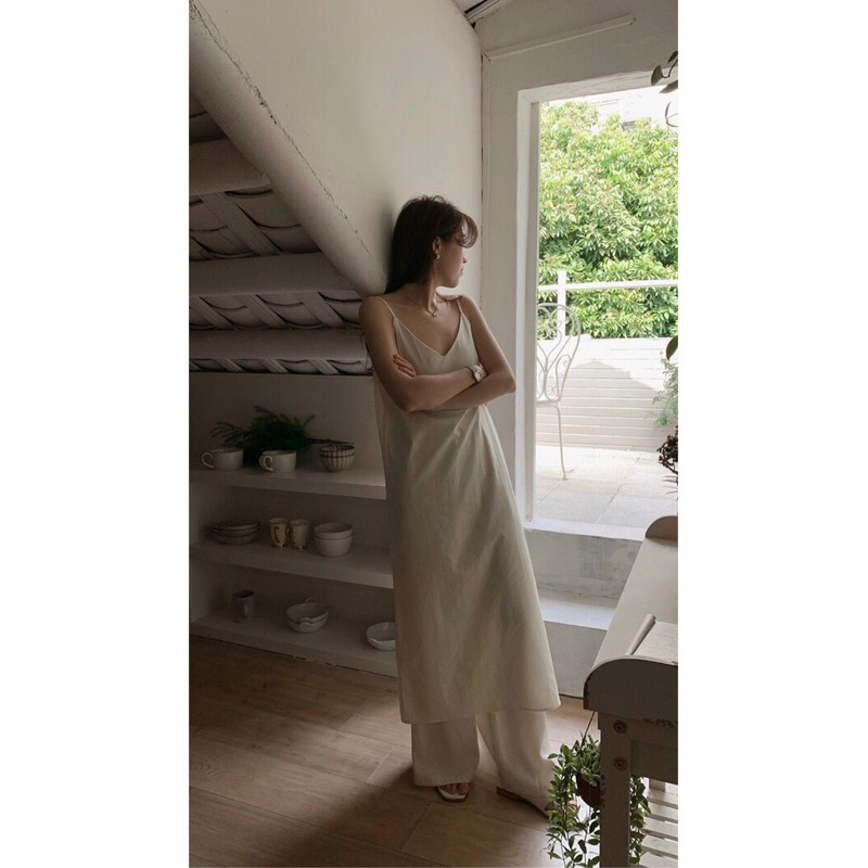 Váy đầm hai dây dài cài nút VÀNG KEM dịu dàng mát mẻ cho mùa hè truyền thống cotton aspirin libé tubycatu