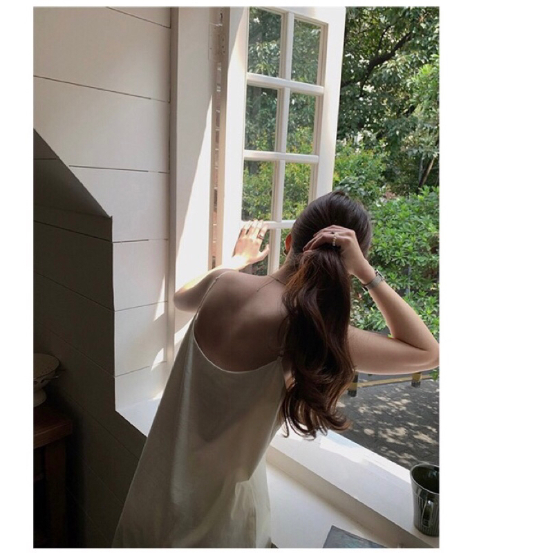 Váy đầm hai dây dài cài nút VÀNG KEM dịu dàng mát mẻ cho mùa hè truyền thống cotton aspirin libé tubycatu