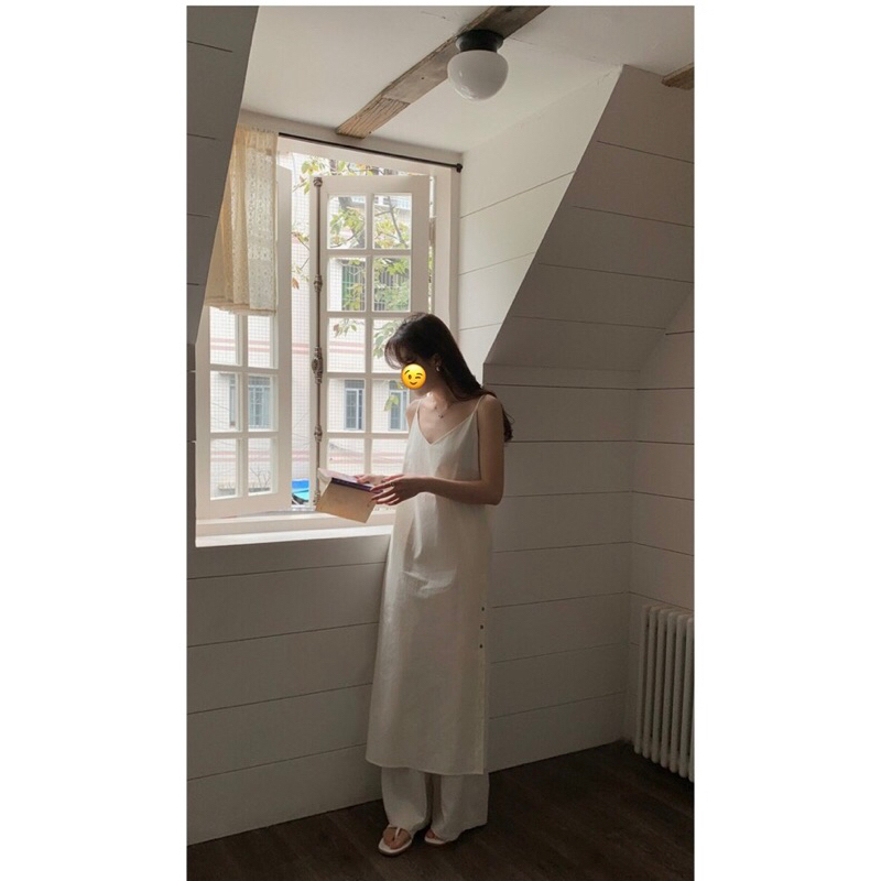 Váy đầm hai dây dài cài nút VÀNG KEM dịu dàng mát mẻ cho mùa hè truyền thống cotton aspirin libé tubycatu