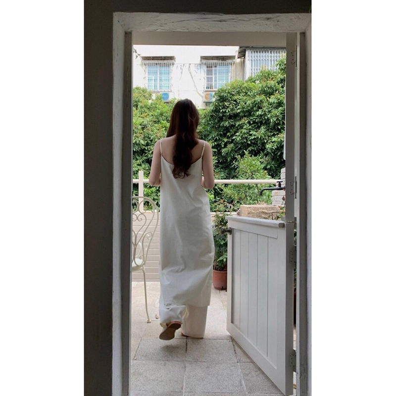 Váy đầm hai dây dài cài nút VÀNG KEM dịu dàng mát mẻ cho mùa hè truyền thống cotton aspirin libé tubycatu