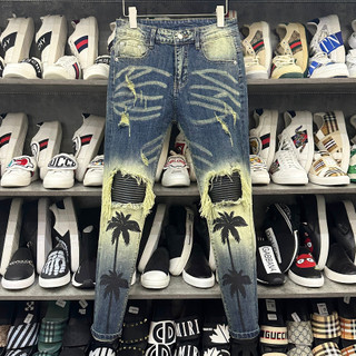 Quần Jean Nam Amiri Slimfit Wash Xanh Vàng in hình cây dừa phối rách tua gối vá da Quần Cây Dừa Nam Xanh Sẫm