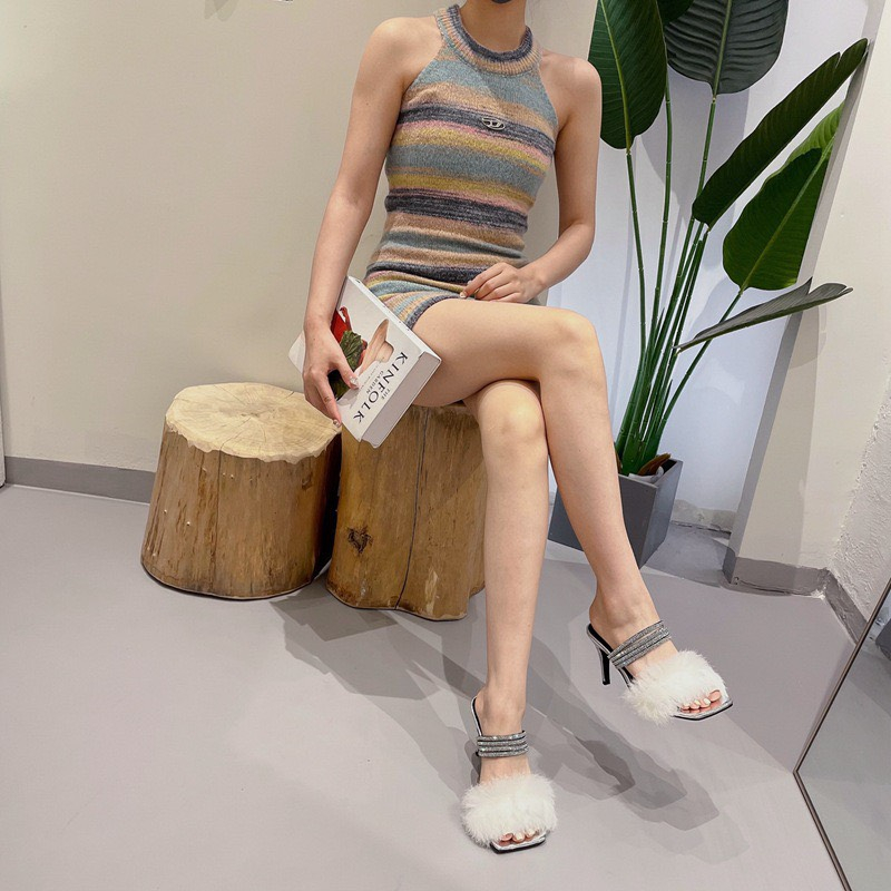 .Giày sandal cao gót quai đá mặt phối lông cách điệu cuốn hút - 7cm - 4 màu - Đen - Trắng - Vàng -Tím - THAO CLOVER