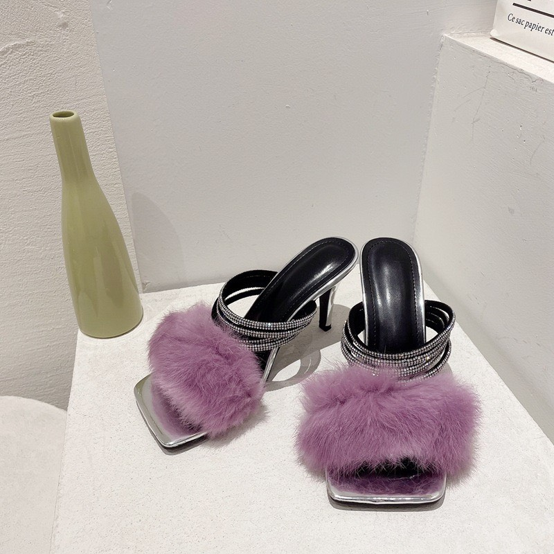 .Giày sandal cao gót quai đá mặt phối lông cách điệu cuốn hút - 7cm - 4 màu - Đen - Trắng - Vàng -Tím - THAO CLOVER