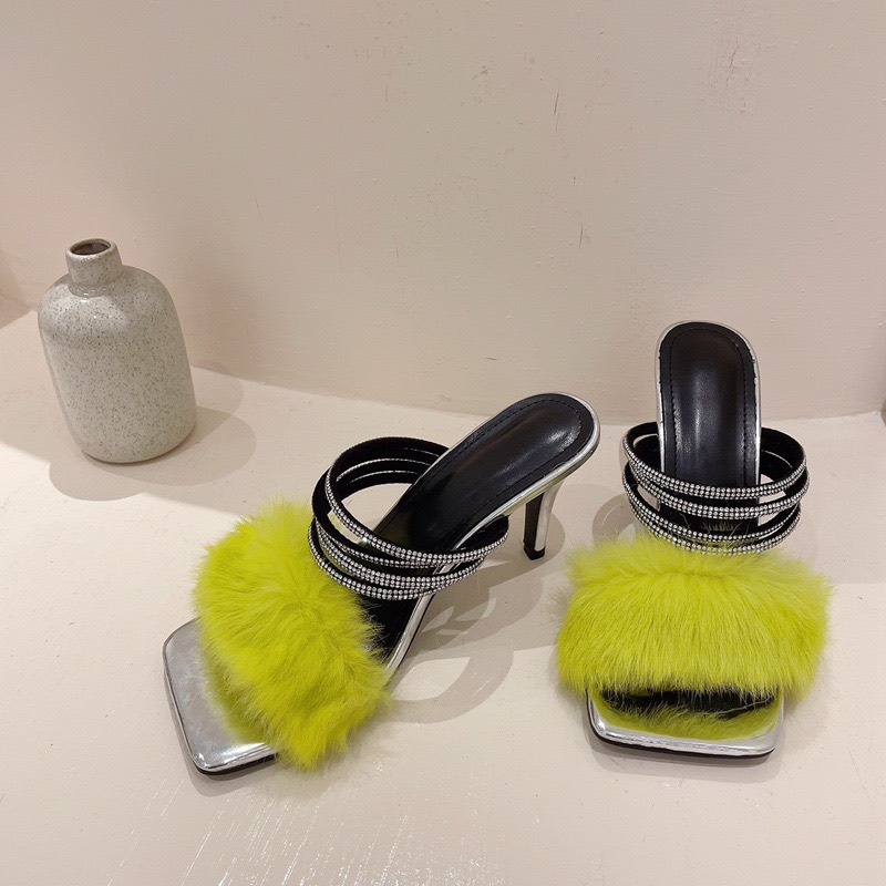 .Giày sandal cao gót quai đá mặt phối lông cách điệu cuốn hút - 7cm - 4 màu - Đen - Trắng - Vàng -Tím - THAO CLOVER