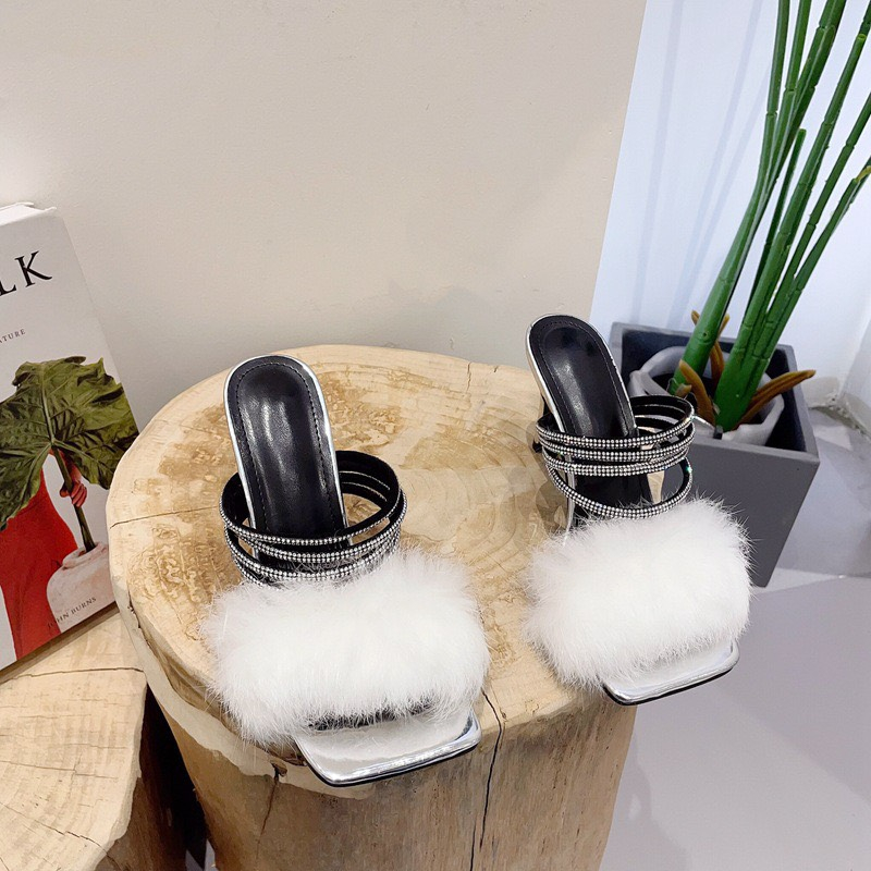 .Giày sandal cao gót quai đá mặt phối lông cách điệu cuốn hút - 7cm - 4 màu - Đen - Trắng - Vàng -Tím - THAO CLOVER