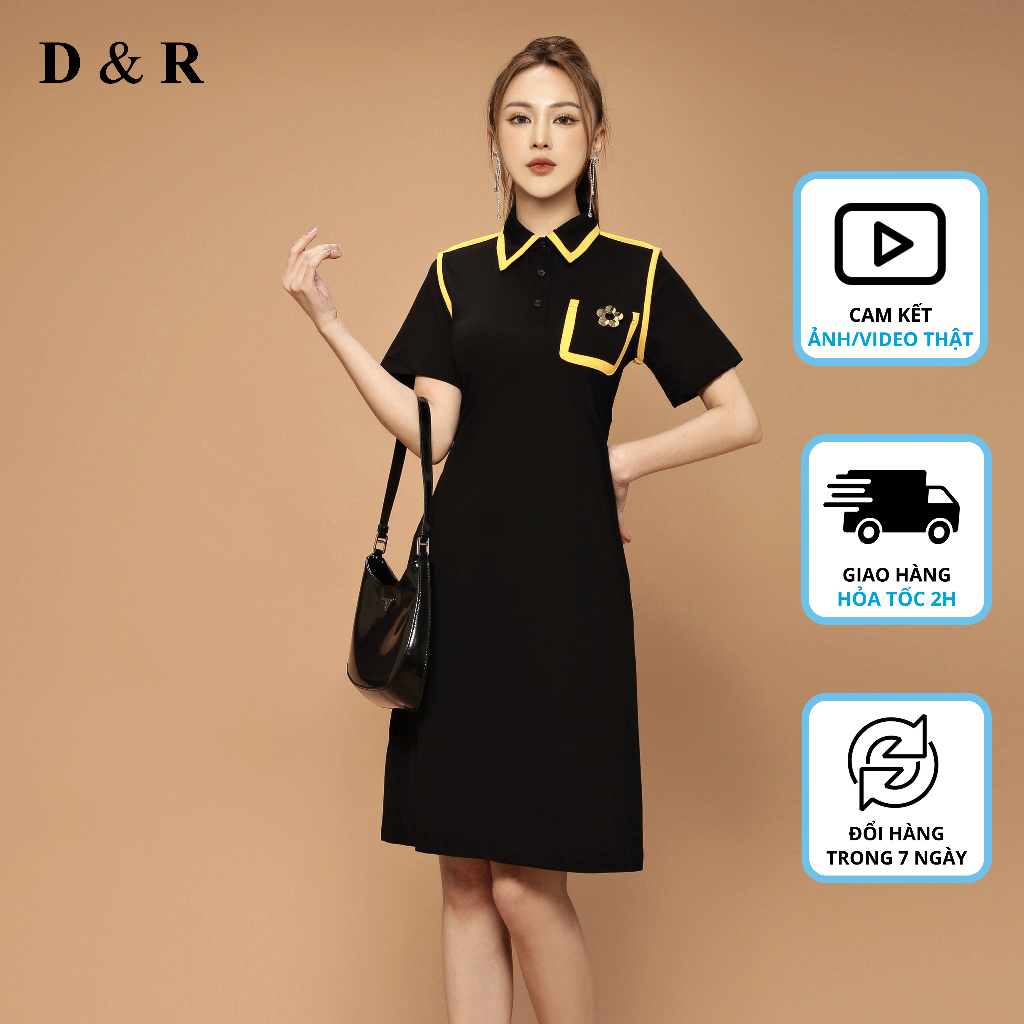 Đầm polo nữ bigsize họa tiết viền vàng Quảng Châu cao cấp D&R Fashion D348