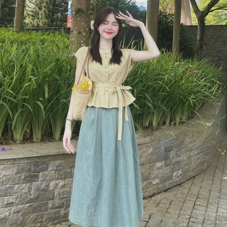 Set áo thắt eo kèm chân váy bò jean mềm by YOUNI (ảnh thật)
