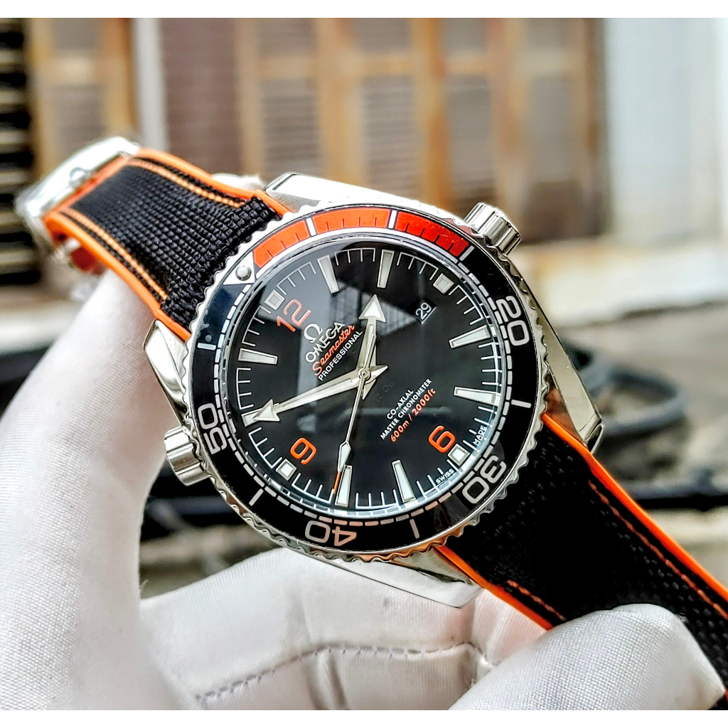 Đồng hồ Nam Omga 3kim mặt đen đen dây dù cao su máy nhật dòng cơ Automatic -41mm42mm