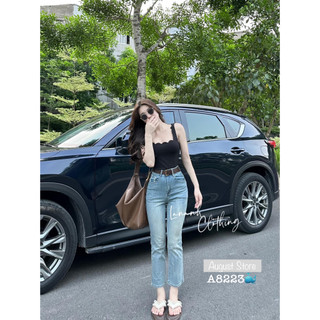 Quần jean bò nữ suông ống đứng rộng lưng cạp cao